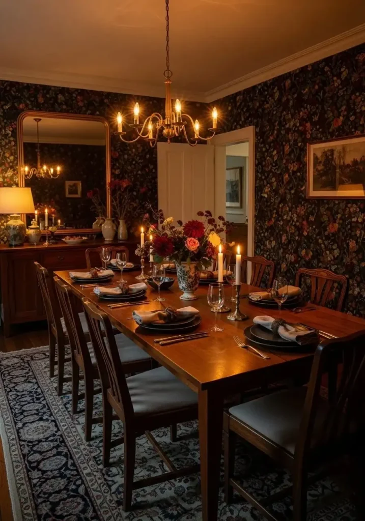 dark floral dining room wallpaper moody cozy design