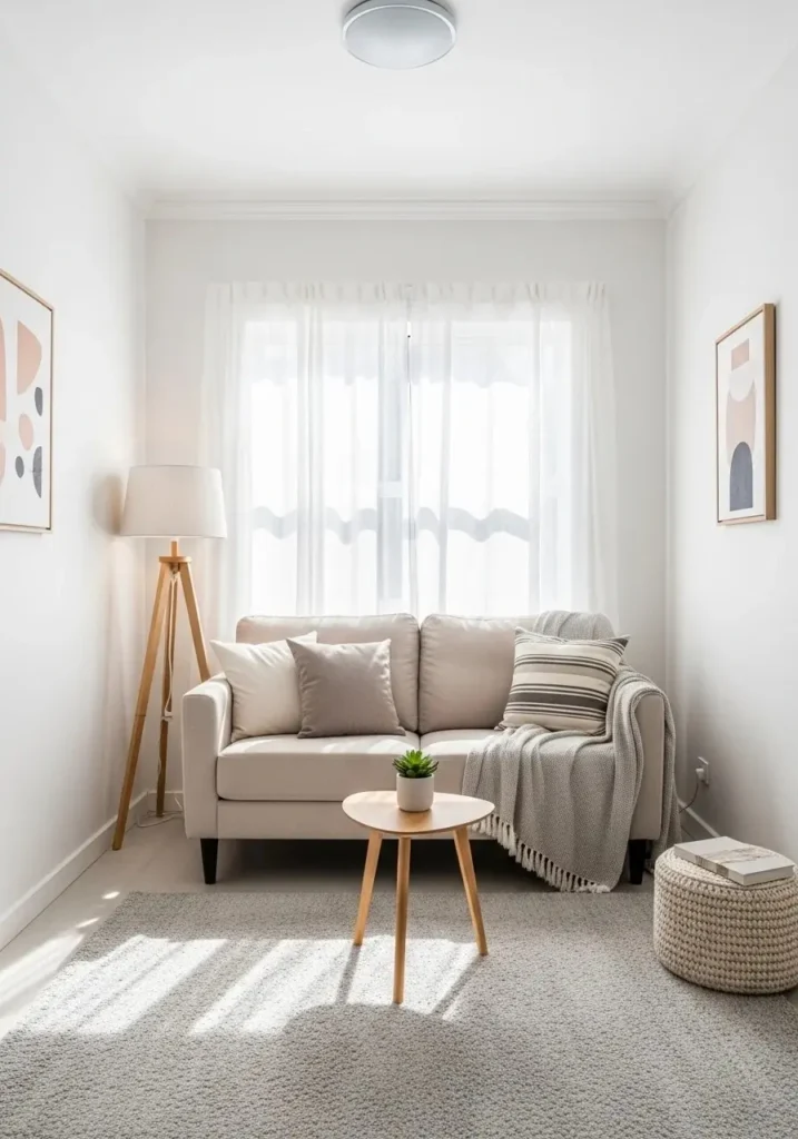 Small apartment living room with soft white walls and beige sofa creating an airy feel.