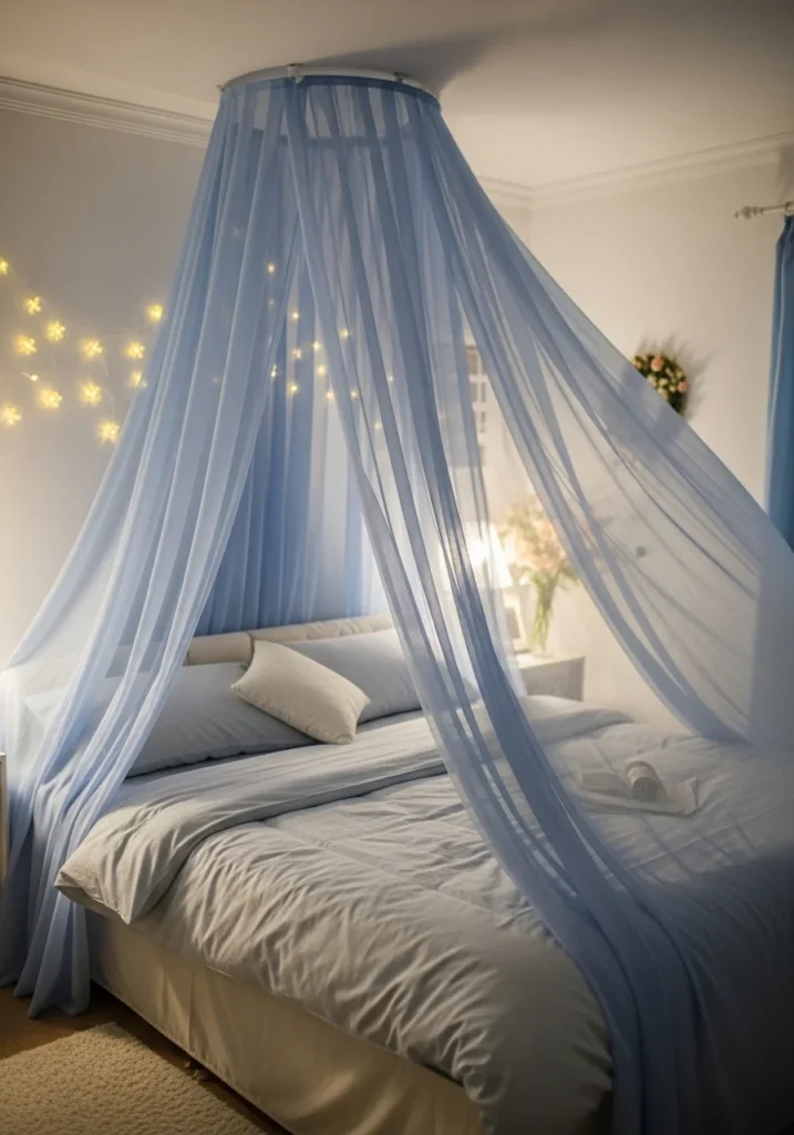 Blue canopy bed creating a soft, dreamy, and elegant bedroom atmosphere