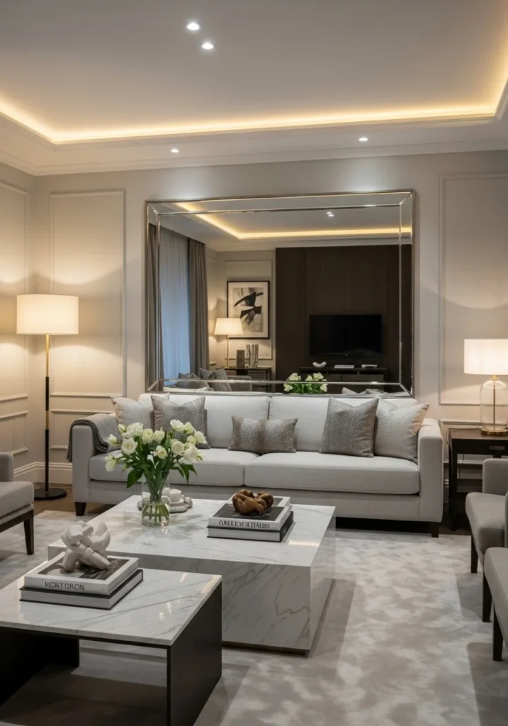 luxury living room with large decorative mirror