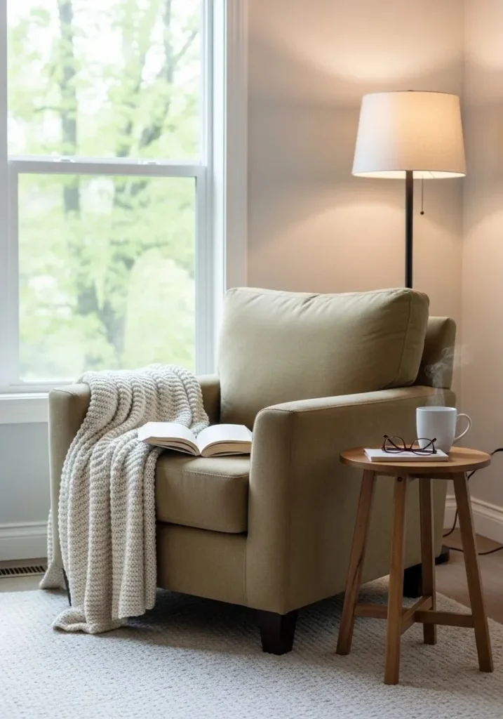 cozy reading corner in master bedroom with chair and floor lamp