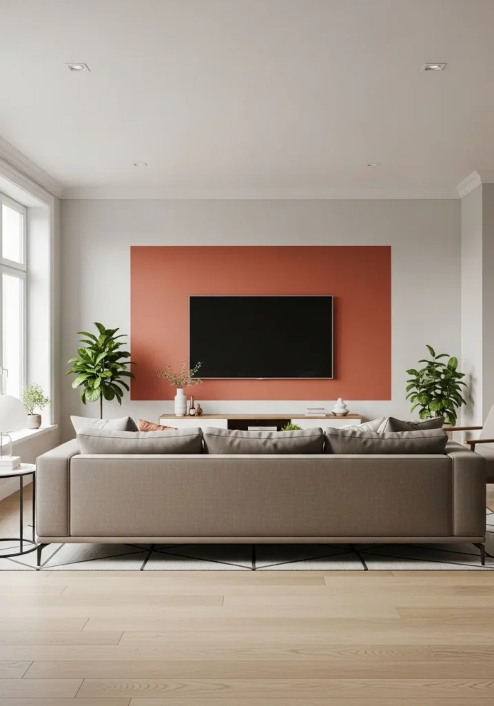 Living room with color-blocked accent behind TV.