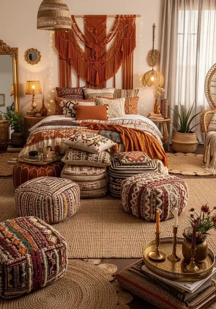 Boho bedroom with orange macramé, cushions, and layered textures for warmth and style.
