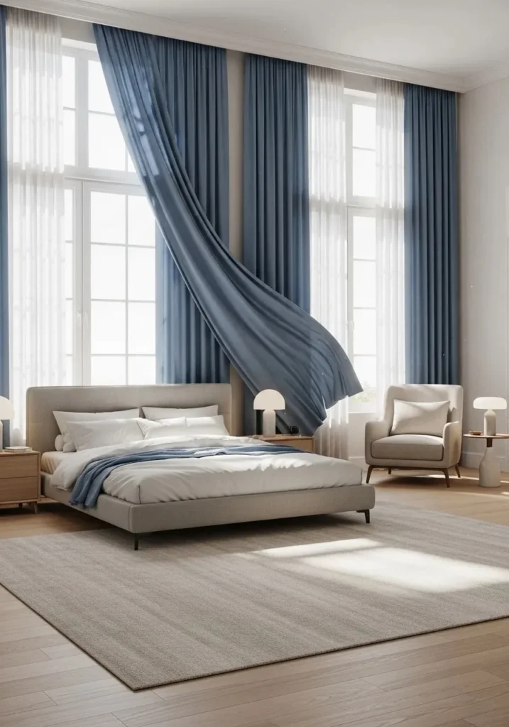 Blue curtains framing windows in a bright bedroom with soft natural lighting