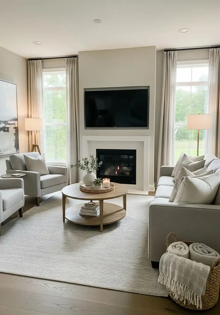 Living room with TV mounted above fireplace.