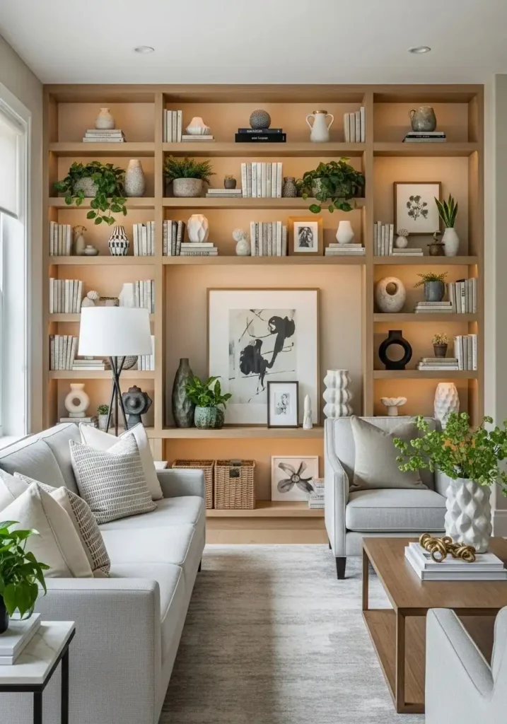 Living room accent wall with built-in shelves styled with decor and books