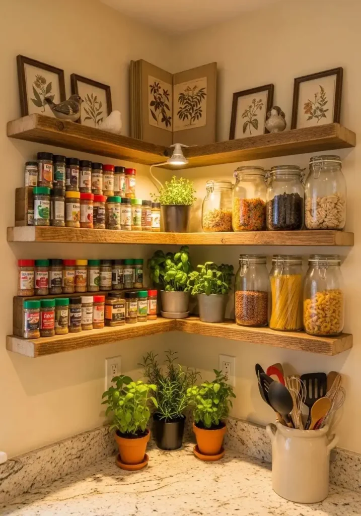 Corner shelves make hidden kitchen spaces functional while keeping countertops clear.
