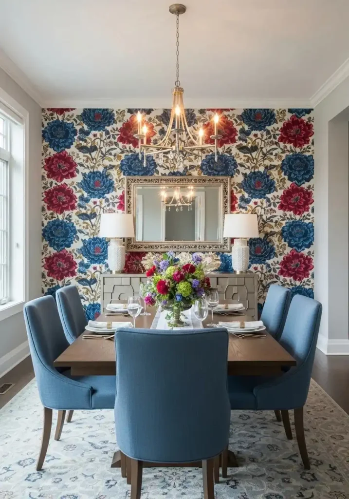 Dining room feature wall with wallpaper decor idea