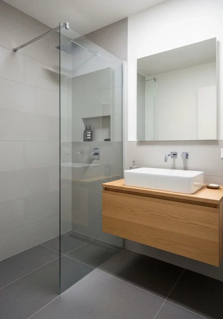 Walk-in shower with floating vanity in a small bathroom