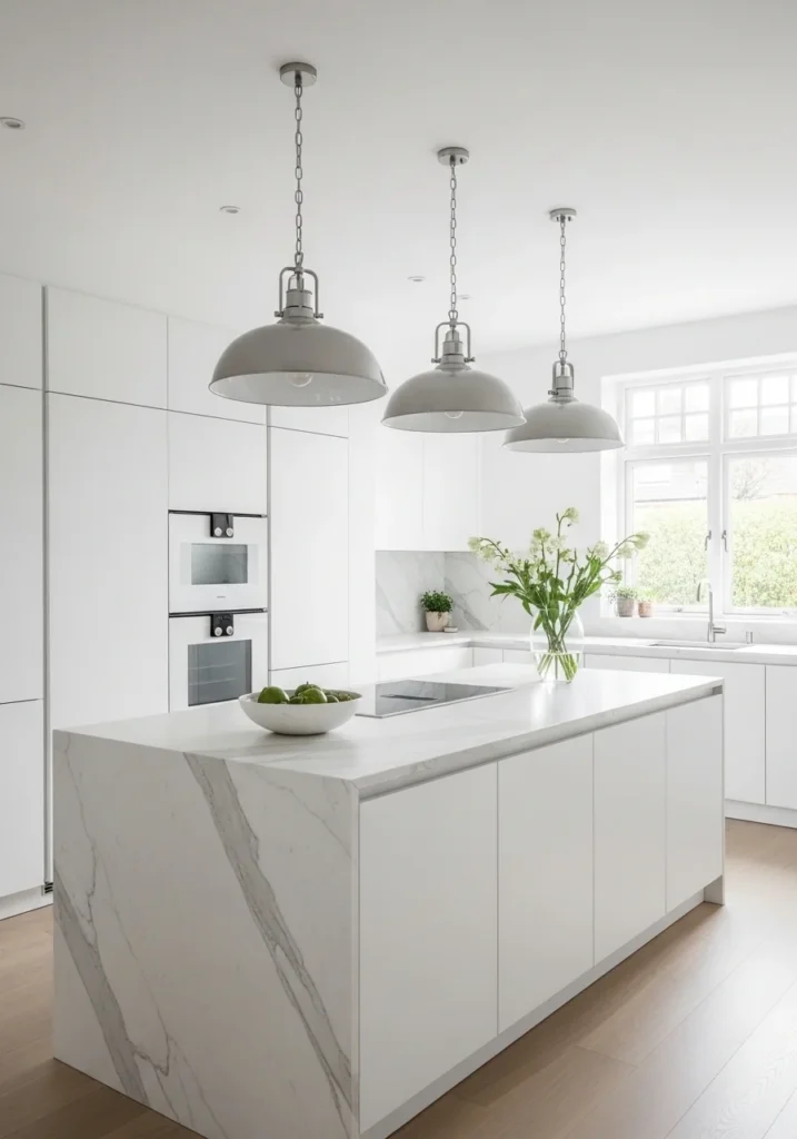 White kitchen with statement pendant lighting above island