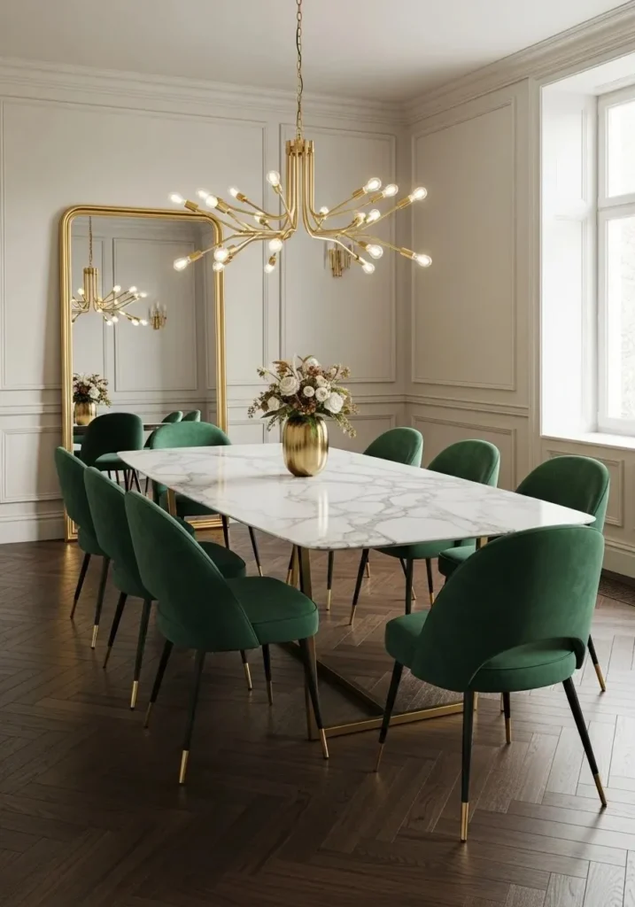 emerald green velvet dining chairs in luxury dining room