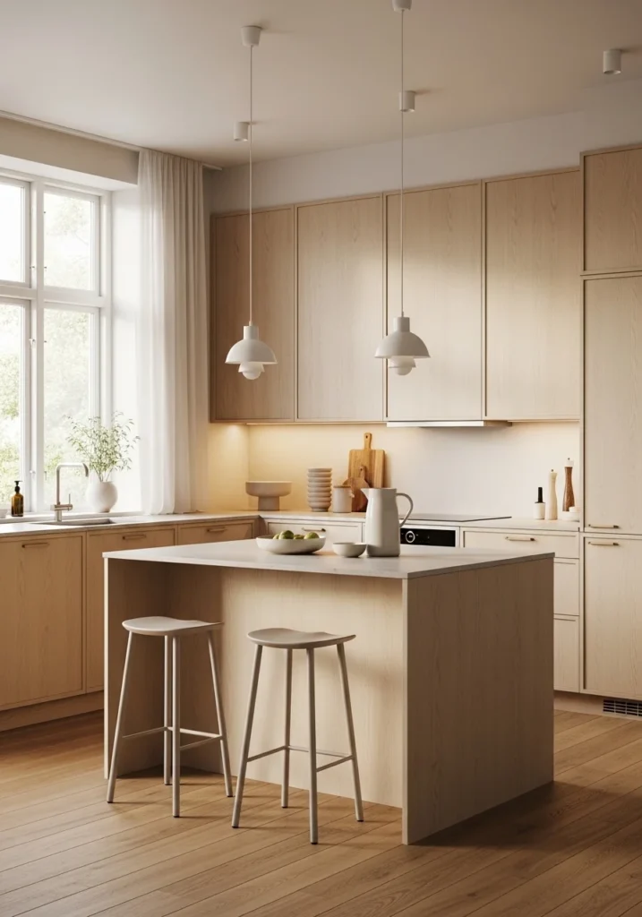 Scandinavian-inspired L-shaped kitchen with light wood cabinets and island.