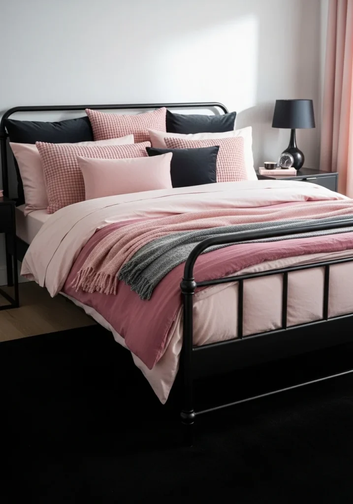 black bed frame with layered pink bedding in stylish bedroom