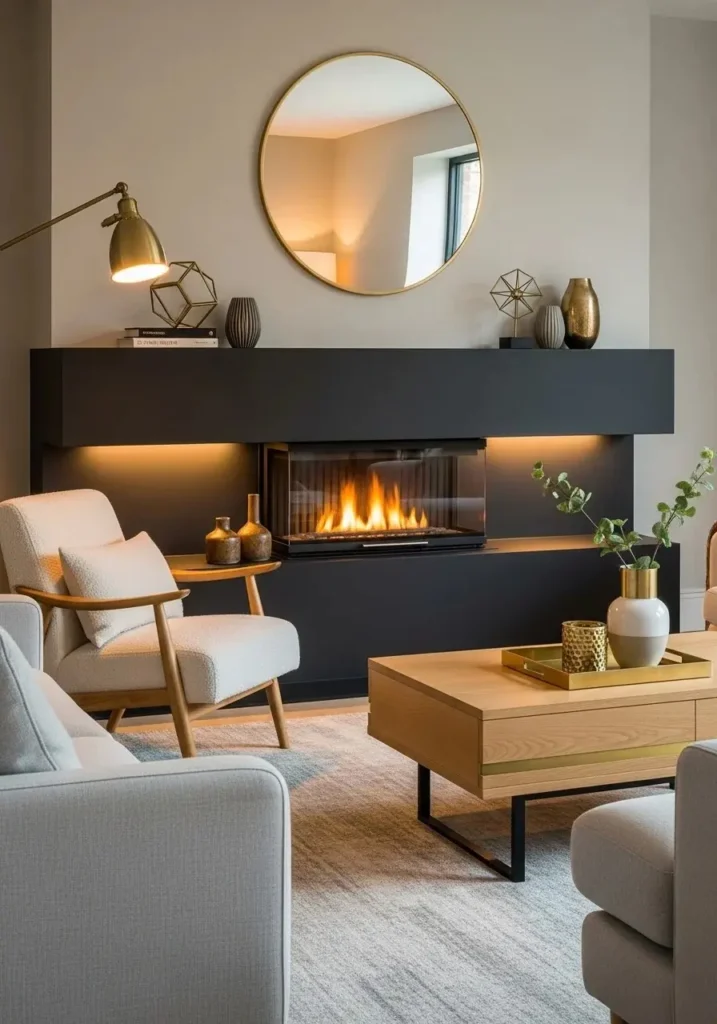 Living room with a black fireplace, neutral furniture, and warm metallic accents.