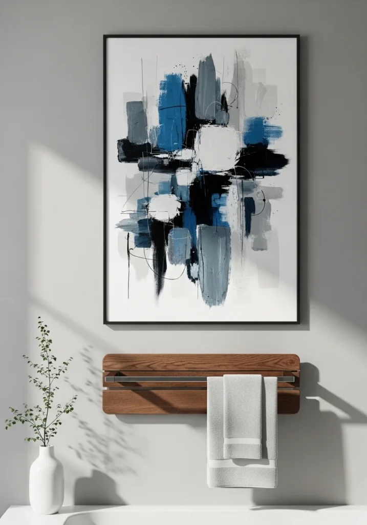 bathroom decorated with framed wall art