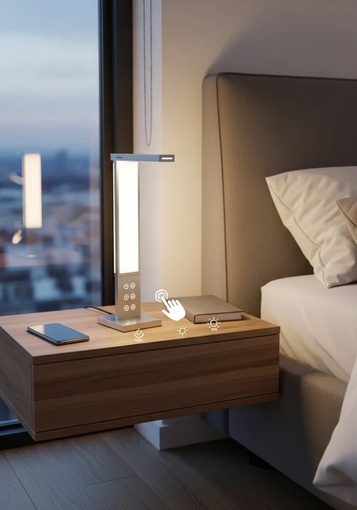 Touch control lamp on bedside table with adjustable brightness
