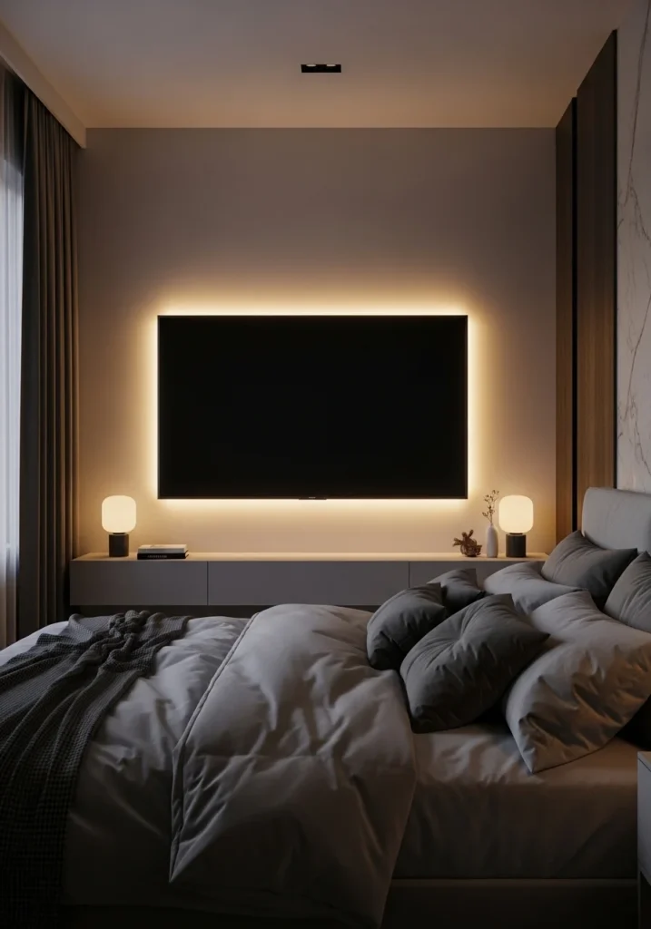 LED lights behind TV creating cozy viewing experience in bedroom