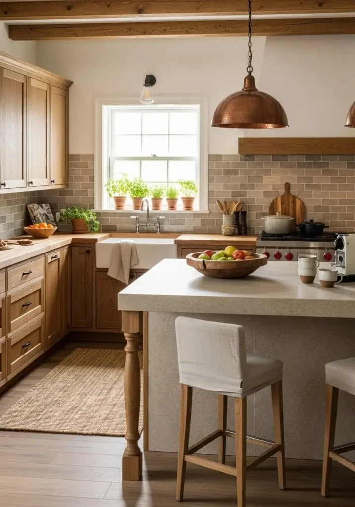 Warm wooden U-shaped kitchen with stone island, natural textures and earthy tones.