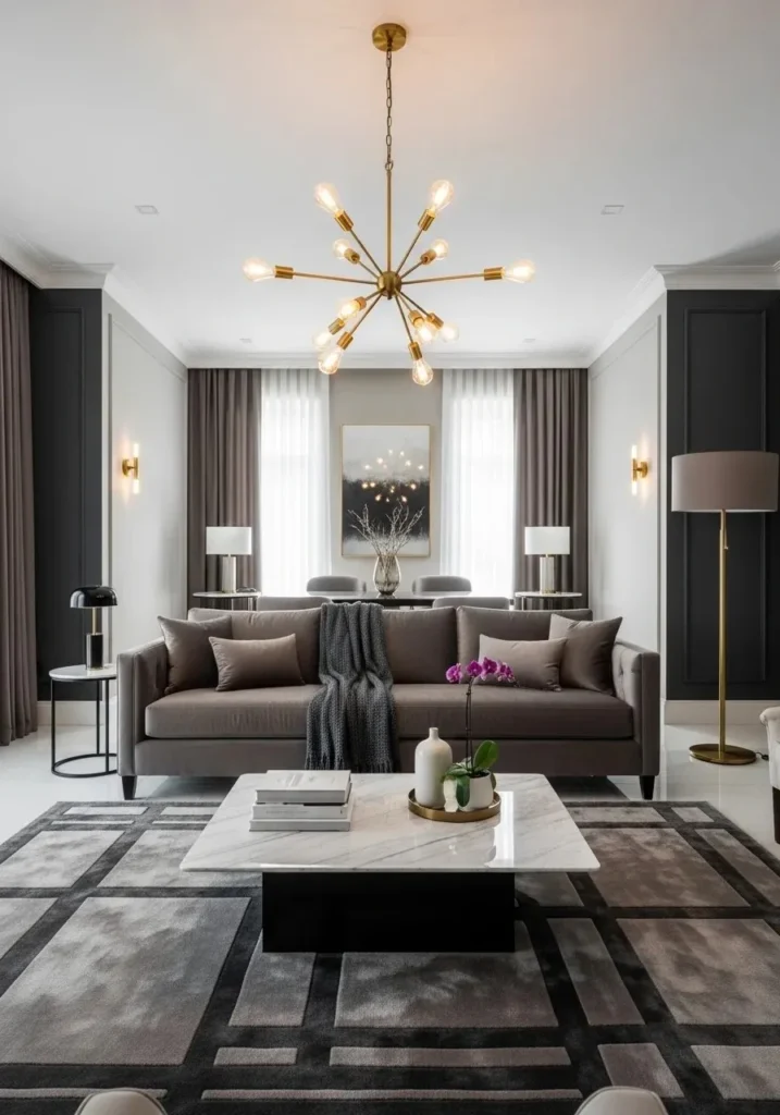 Contemporary luxury living room with marble table, velvet sofa, and gold chandelier.