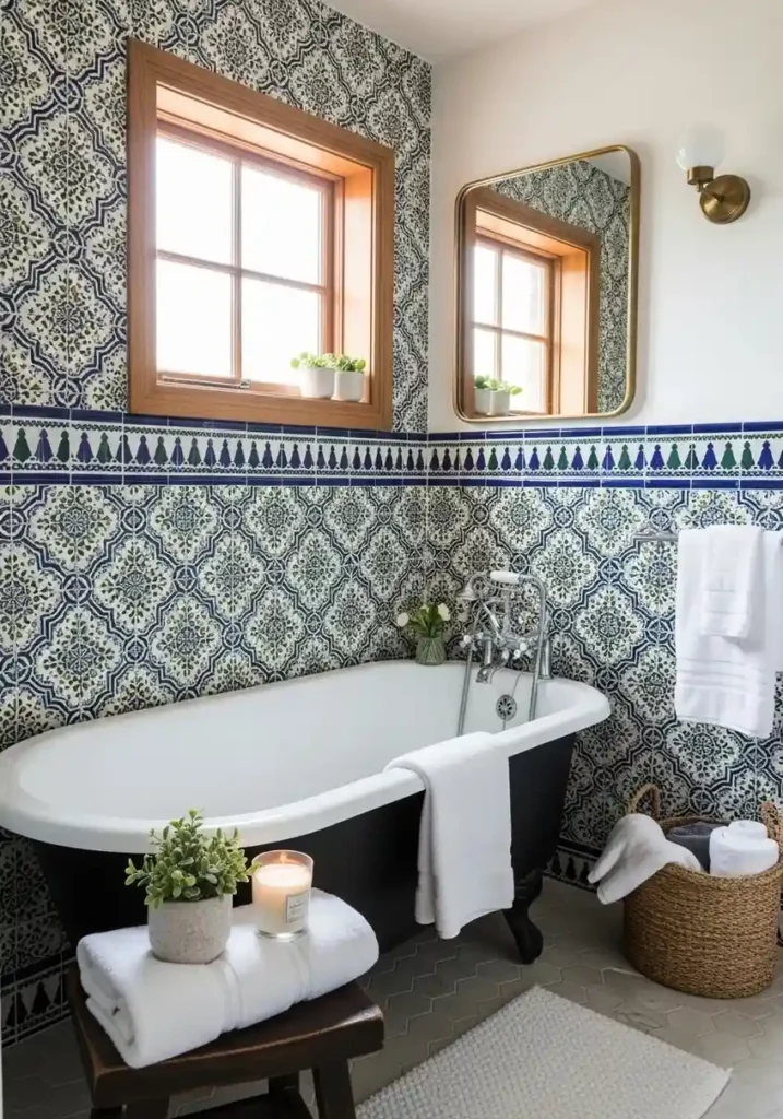 Patterned tiles around bathtub in small bathroom