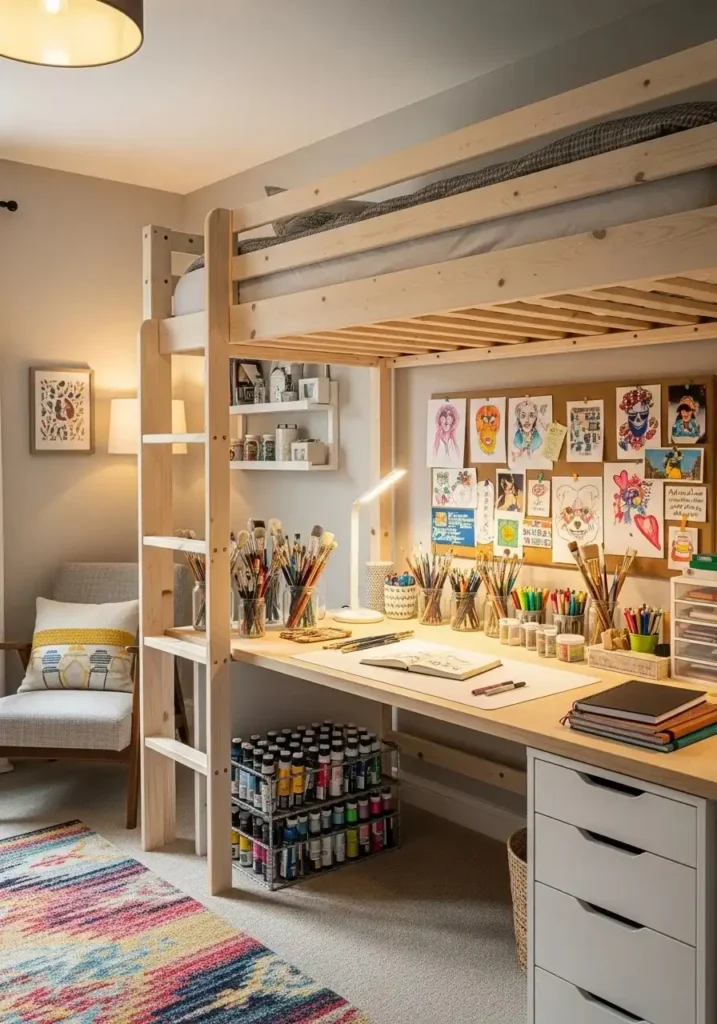 Loft bed with a creative art workspace underneath, including desk and supplies.