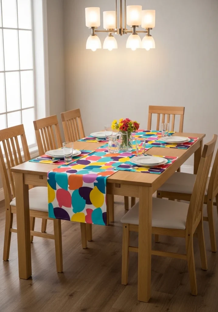 Dining table decorated with colorful runner and placemats.