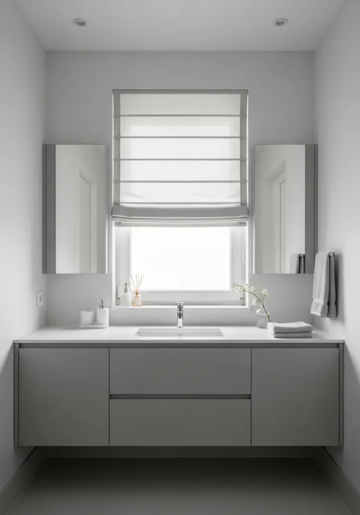Bathroom window with tailored roman shades providing adjustable light and full privacy when lowered.