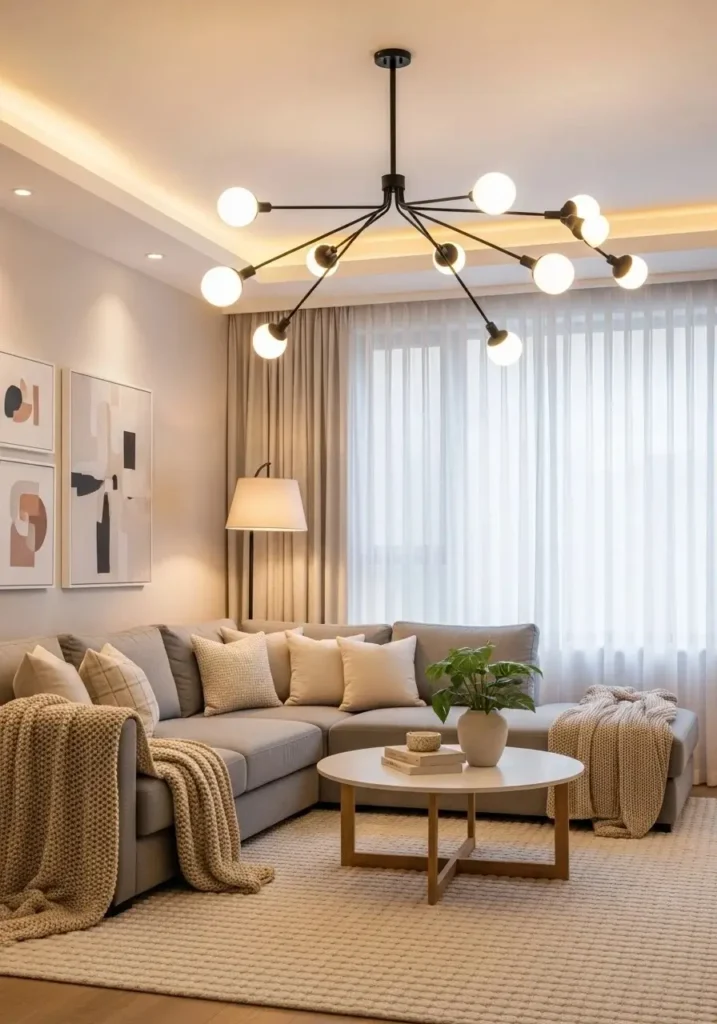 Statement lighting in living room adding elegance, personality, and ambient glow.
