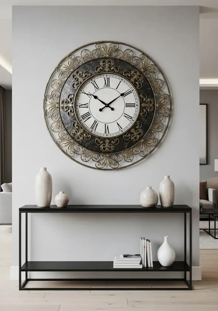 Statement wall clock serving as focal point in a living room.