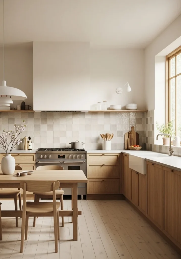 Japandi kitchen with textured backsplash creating soft visual interest.