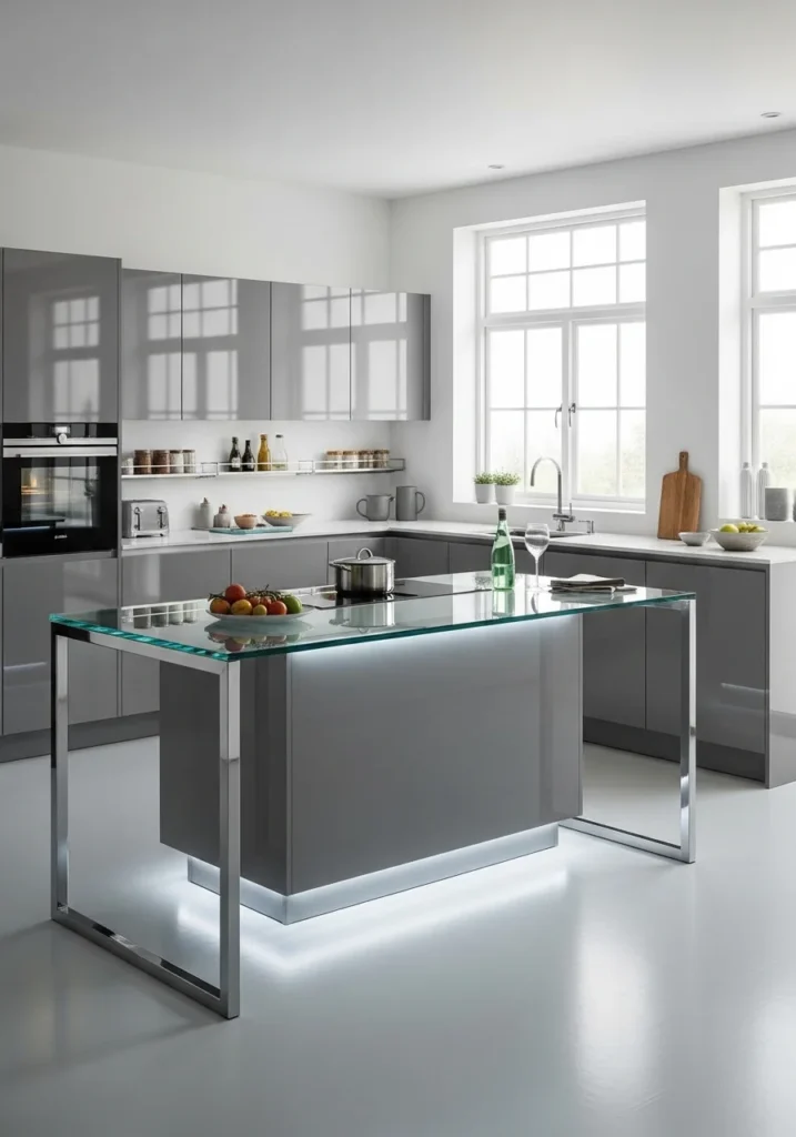 Modern grey U-shaped kitchen with glass-accent island and LED lighting.