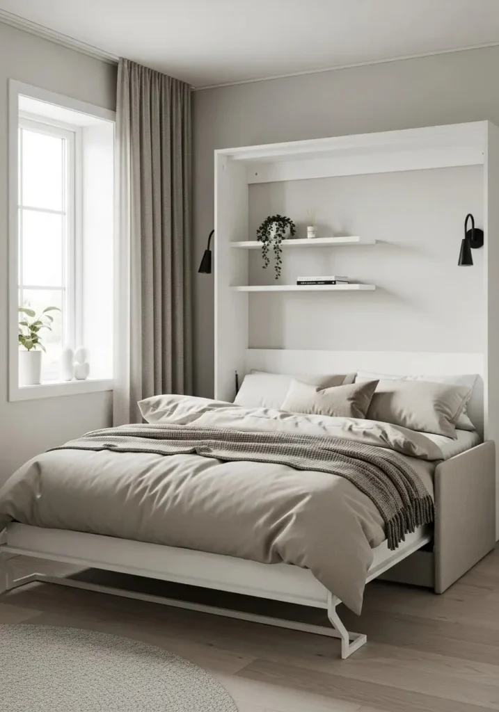 Classic wall-mounted Murphy bed in a small neutral bedroom with floating shelves and minimalist decor.