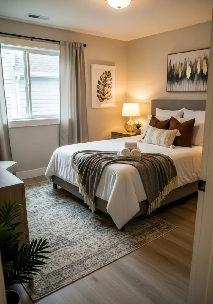 Full guest bedroom rug warm cozy inviting comfortable peaceful design