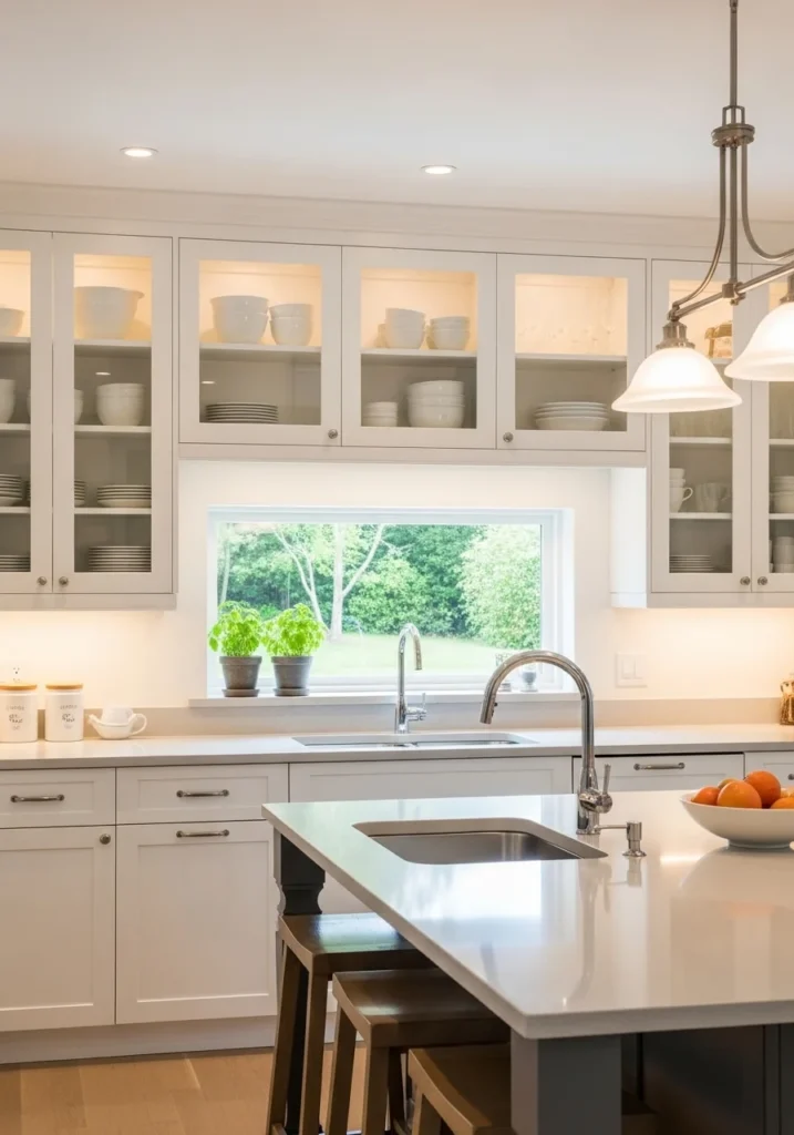 White kitchen with glass front cabinet doors