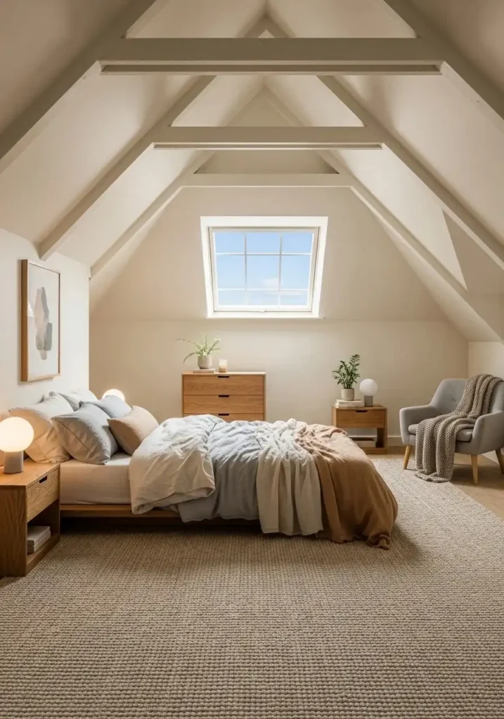 Attic bedroom with low furniture design