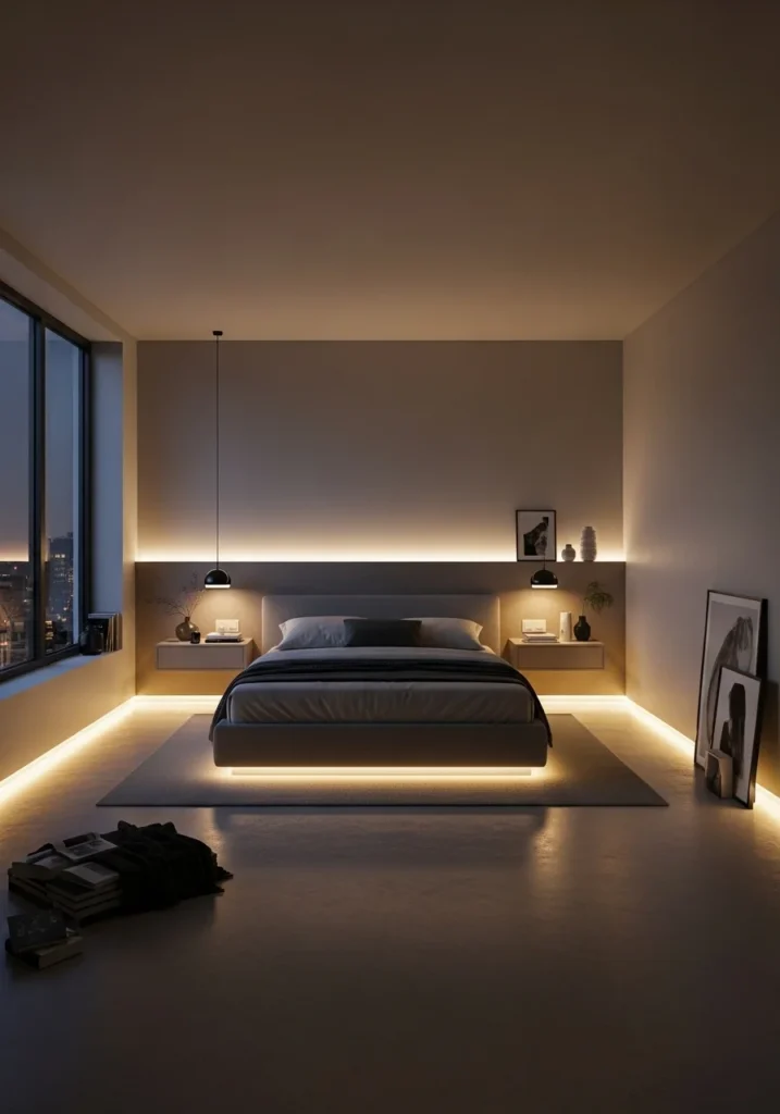 LED baseboard lighting adding subtle glow to bedroom edges