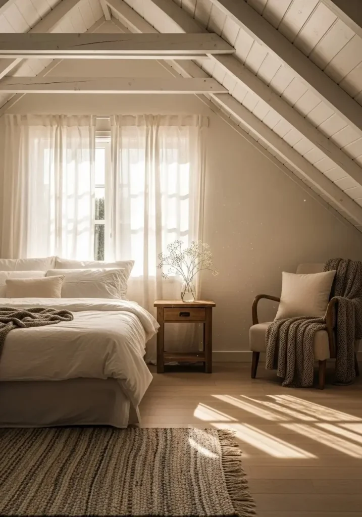 Attic bedroom with sheer curtains