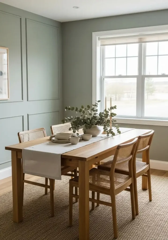 soft sage green dining room walls with light wood furniture and neutral decor