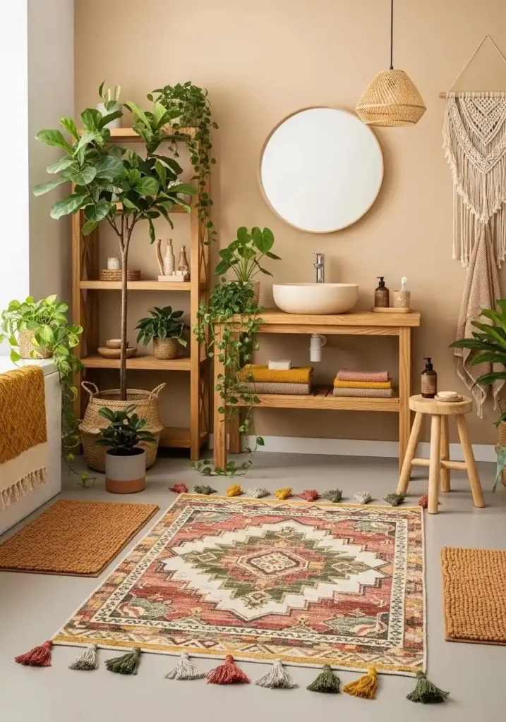 Boho patterned bathroom rug with earthy tones and cozy decor