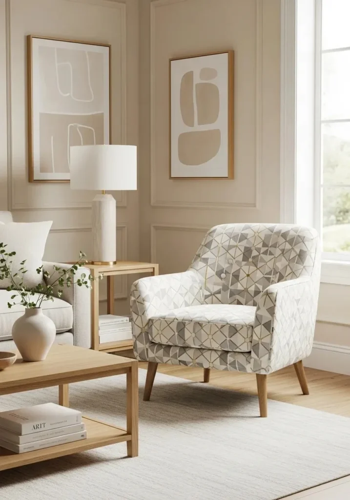Patterned accent chair adding visual interest to living room