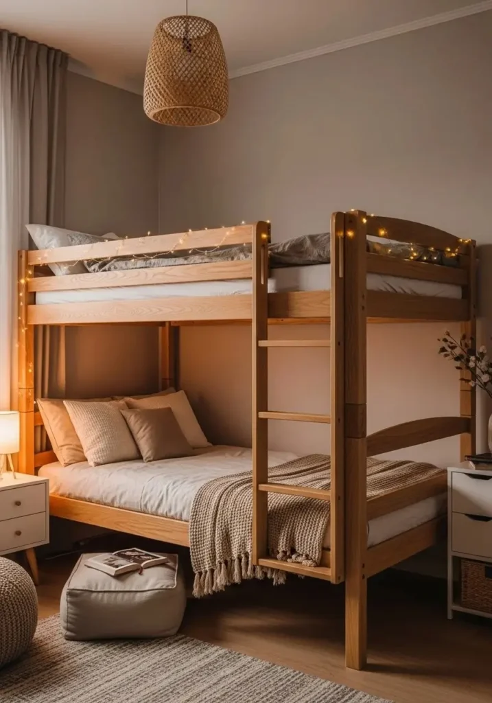 Cozy wooden loft bed with warm fairy lights and a relaxing reading nook underneath.