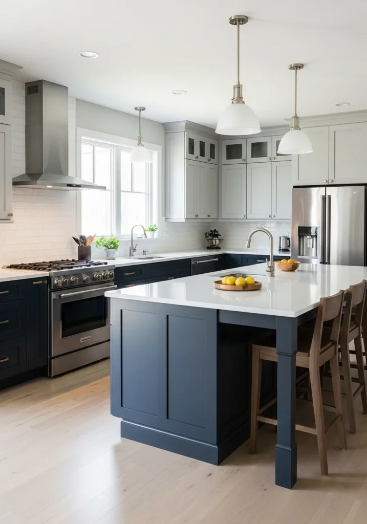 Two-tone kitchen cabinets with bold lower and neutral upper sections.
