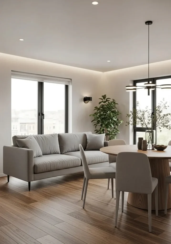 Balanced furniture scale in living dining combo layout