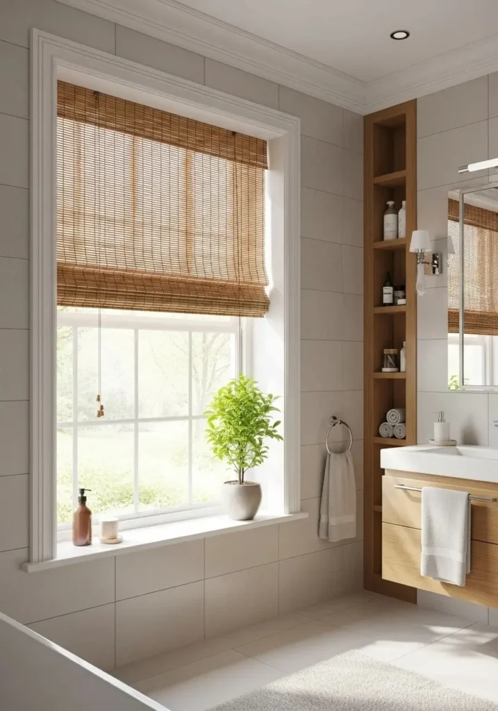 Bathroom featuring bamboo window shades adding natural warmth and texture to the space