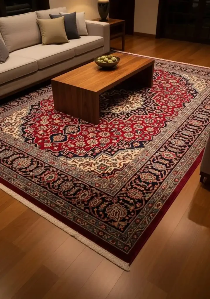 Classic Persian rug enhancing warmth and sophistication in living room.