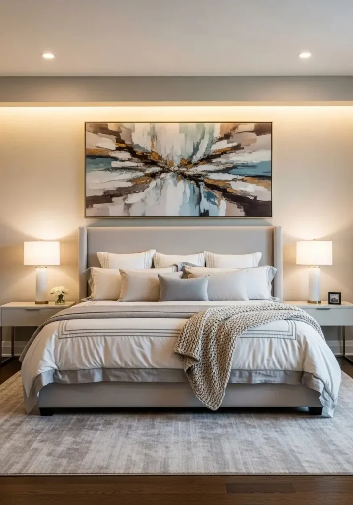 decorative wall art above bed in master bedroom