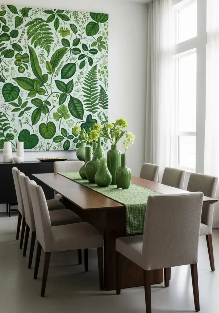 green artwork and decorative accents in dining room decor