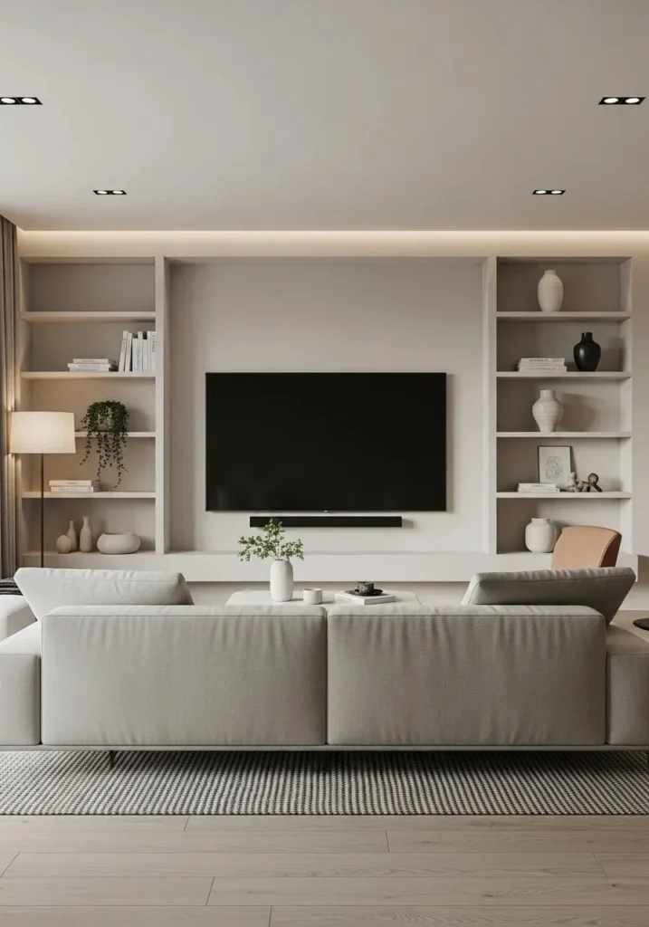 Built-in shelves around TV in living room creating a balanced and stylish focal point