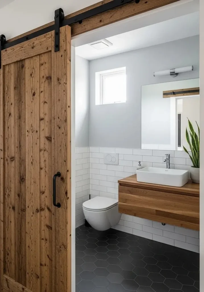 Sliding door used to save space in a small bathroom