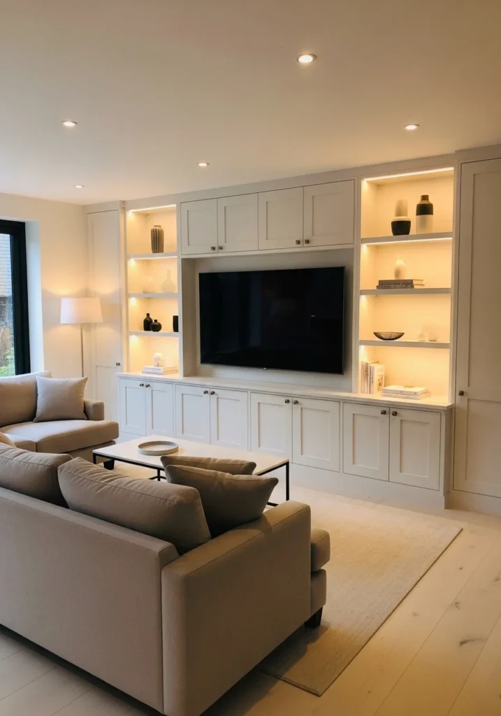Living room with sleek built-in cabinets framing the TV wall.